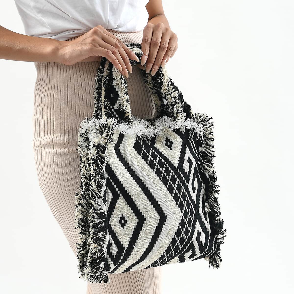 Black and White Handloom Fabric Tote Bag (13"x11.41"x2") image number 2