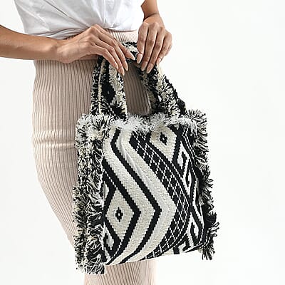 Black and White Handloom Fabric Tote Bag