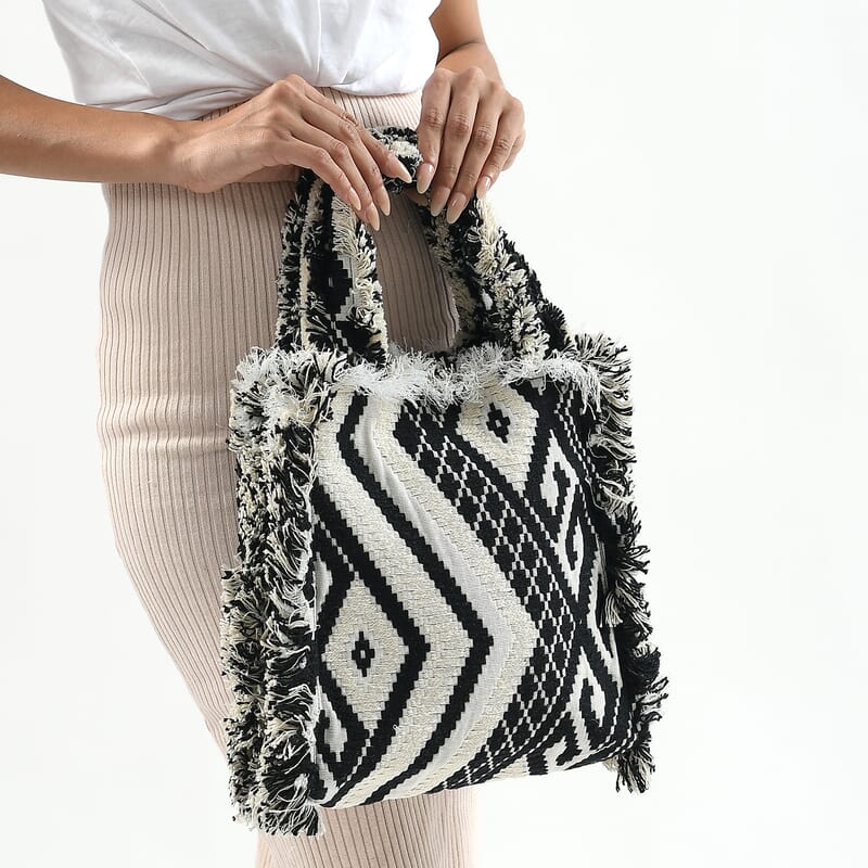 Black and White Handloom Fabric Tote Bag