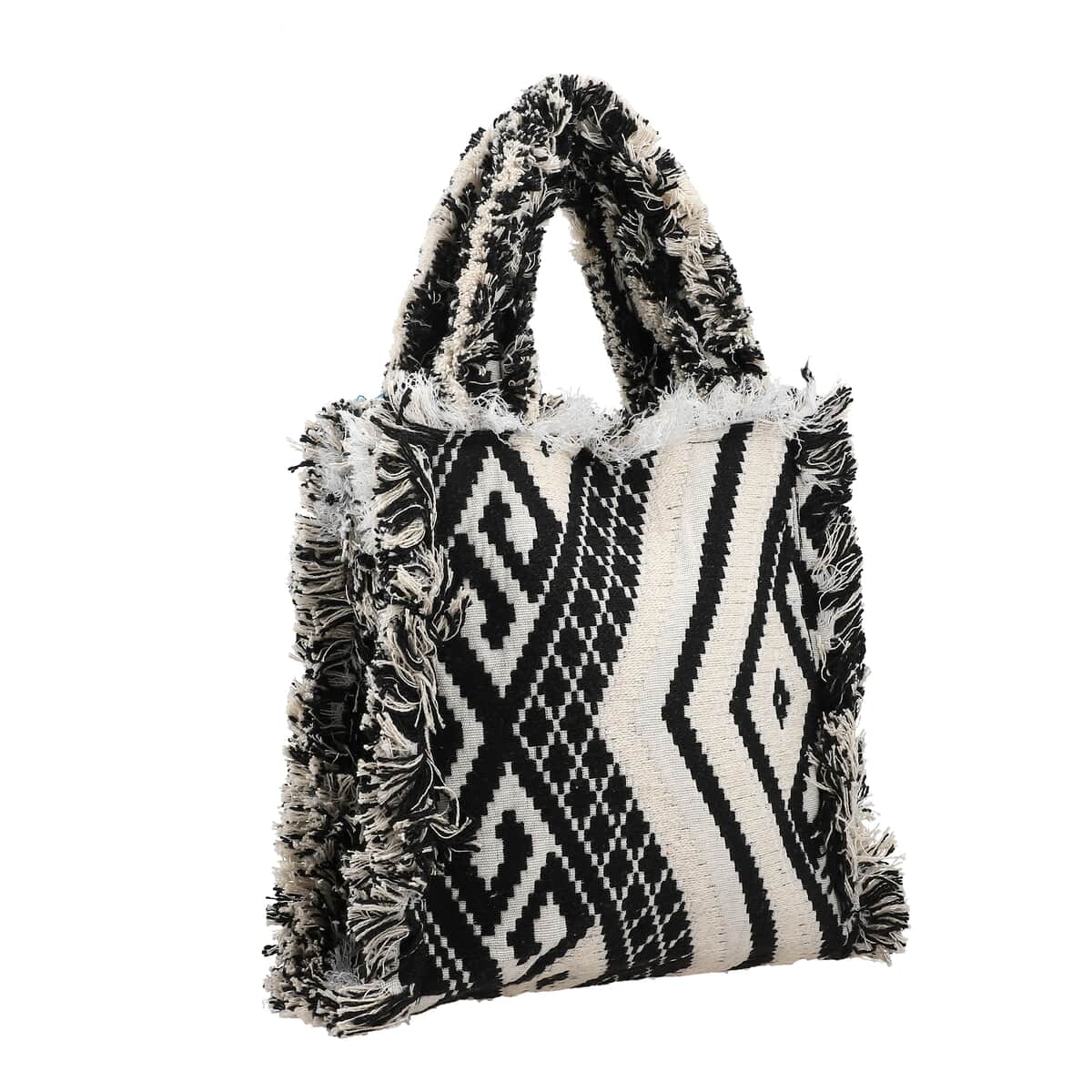 Black and White Handloom Fabric Tote Bag image number 3