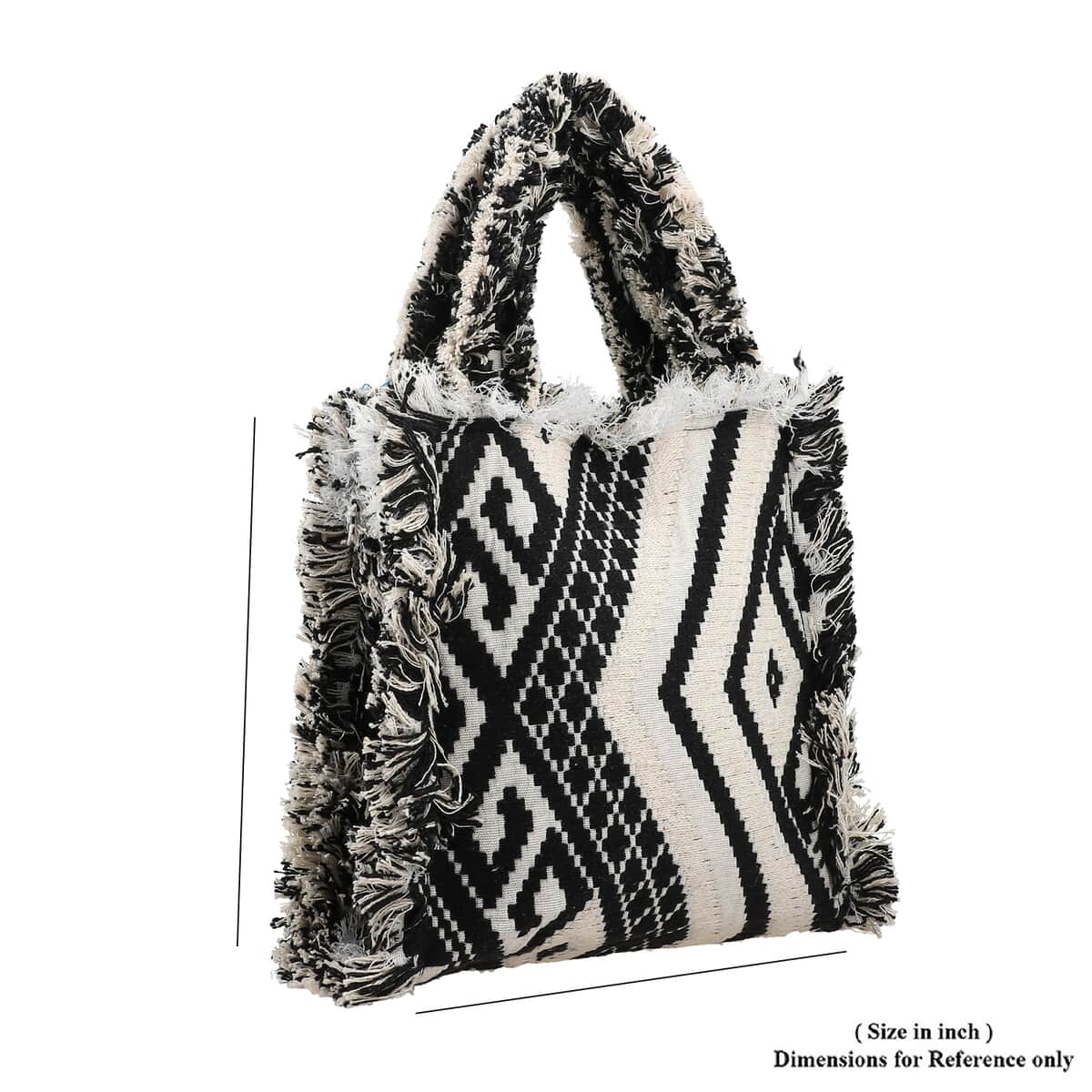 Black and White Handloom Fabric Tote Bag (13"x11.41"x2") image number 6