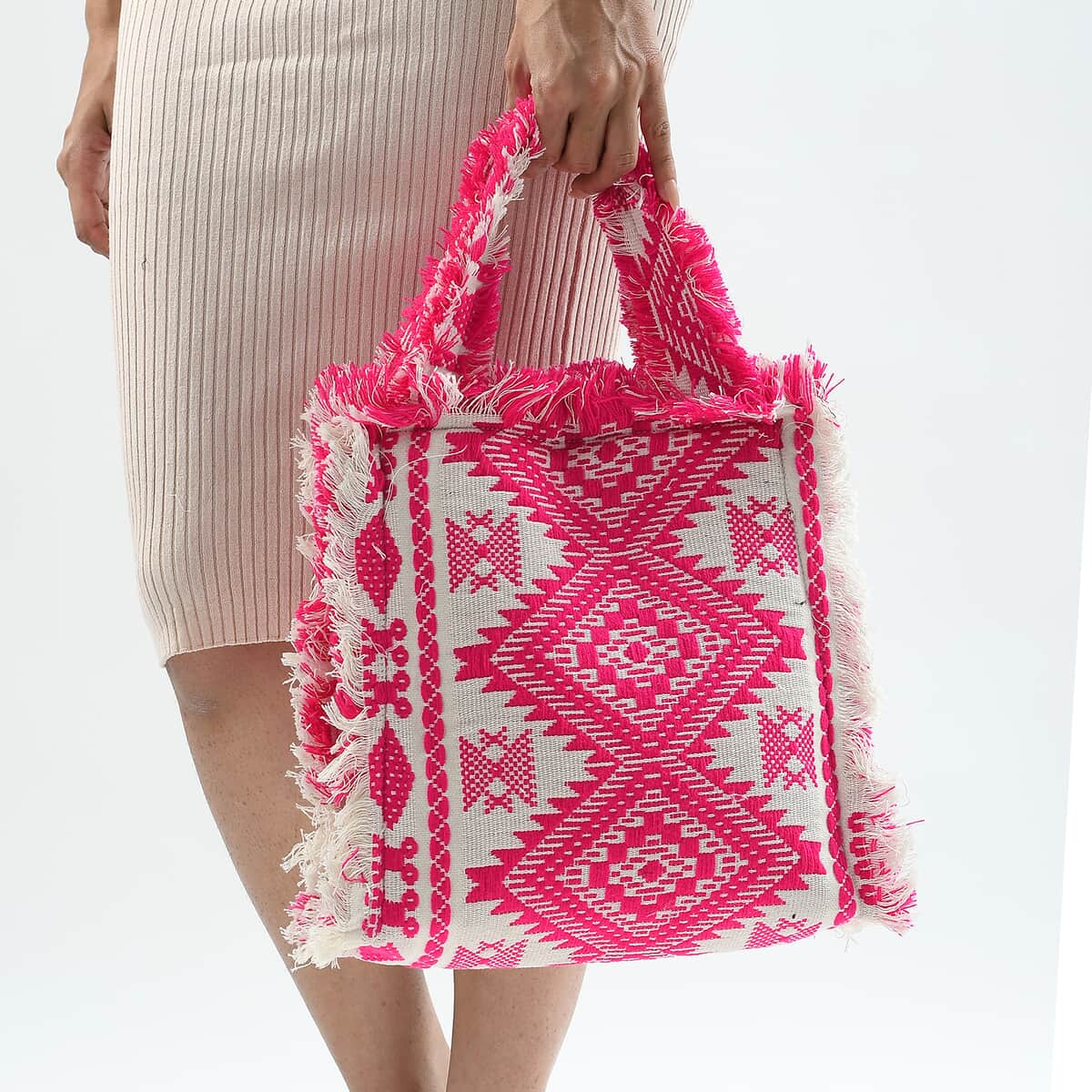 Pink and White Handloom Fabric Tote Bag image number 1