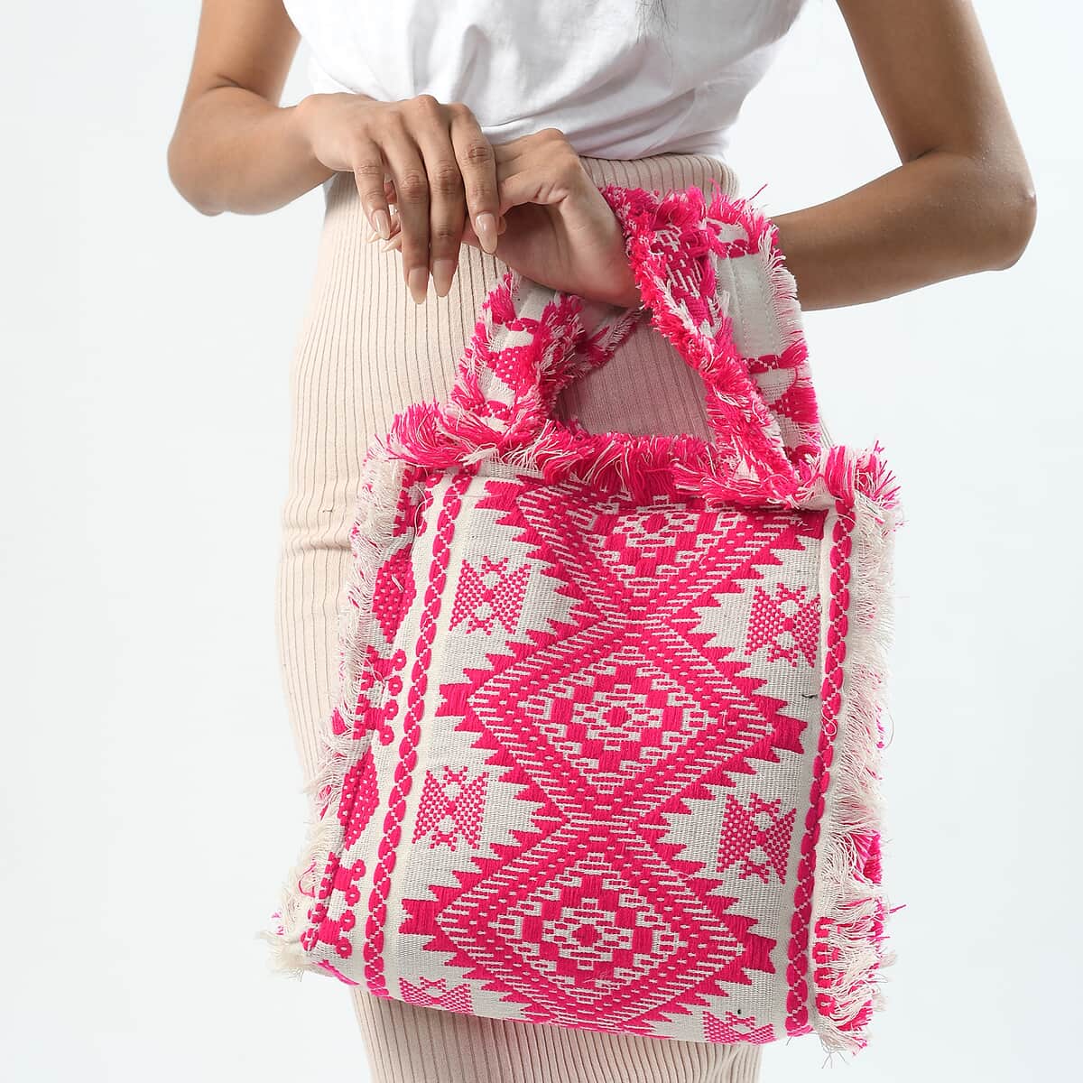 Pink and White Handloom Fabric Tote Bag image number 2