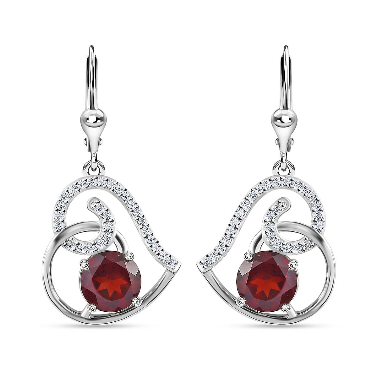 Mozambique Garnet and Moissanite Lever Back Heart Earrings in Platinum Over Sterling Silver 5.30 ctw