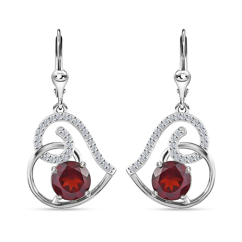 Mozambique Garnet and Moissanite Lever Back Heart Earrings in Platinum Over Sterling Silver 5.30 ctw