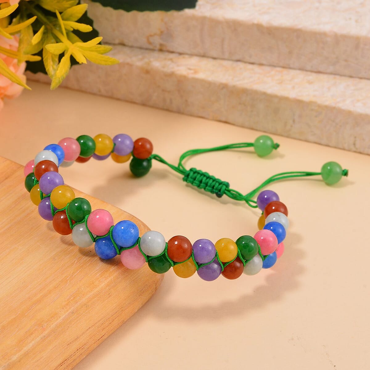 Multi Color Jade (D) Beaded 2 Row Shamballa Adjustable Bracelet 90.00 ctw image number 1