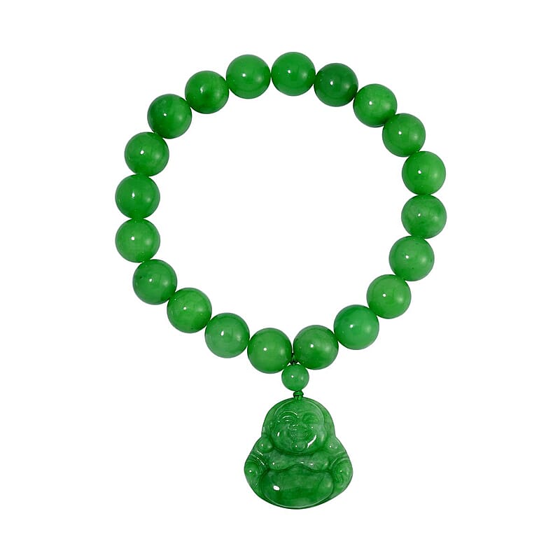Green Jade (D) 178.00 ctw Carved Buddha and Beaded Stretch Bracelet