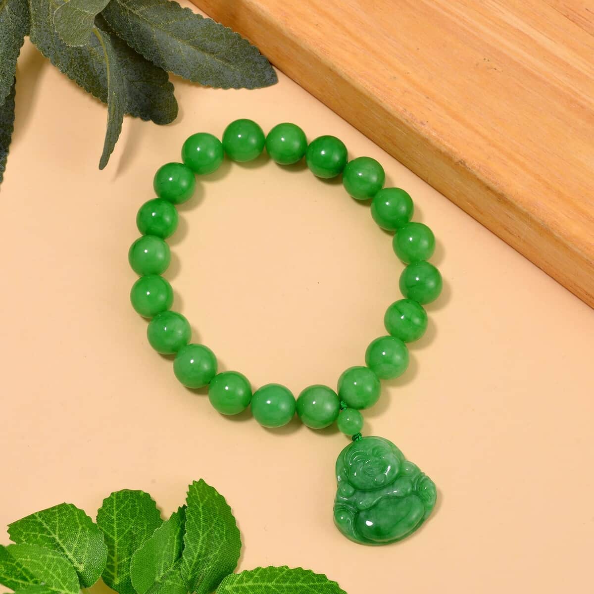 Green Jade (D) Carved Buddha and Beaded Stretch Bracelet 178.00 ctw image number 1