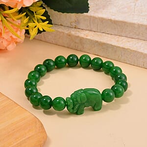 Green Jade (D) 178.00 ctw Carved Elephant and Beaded Stretch Bracelet