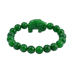 Green Jade (D) 178.00 ctw Carved Elephant and Beaded Stretch Bracelet
