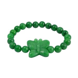 Green Jade (D) Carved Butterfly and Beaded Stretch Bracelet 178.00 ctw