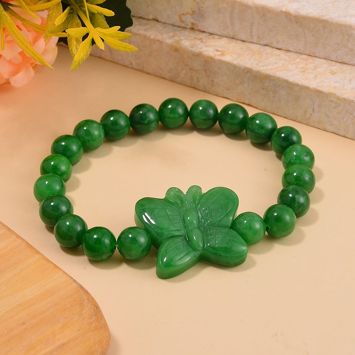 Green Jade (D) 178.00 ctw Carved Butterfly and Beaded Stretch Bracelet image number 1