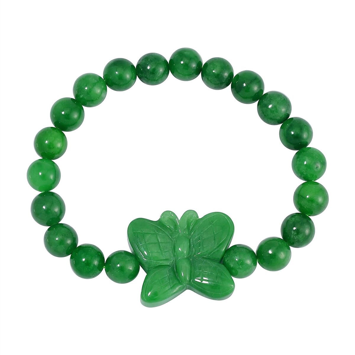 Green Jade (D) 178.00 ctw Carved Butterfly and Beaded Stretch Bracelet image number 2