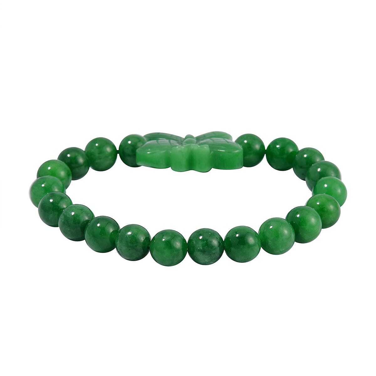 Green Jade (D) 178.00 ctw Carved Butterfly and Beaded Stretch Bracelet image number 3