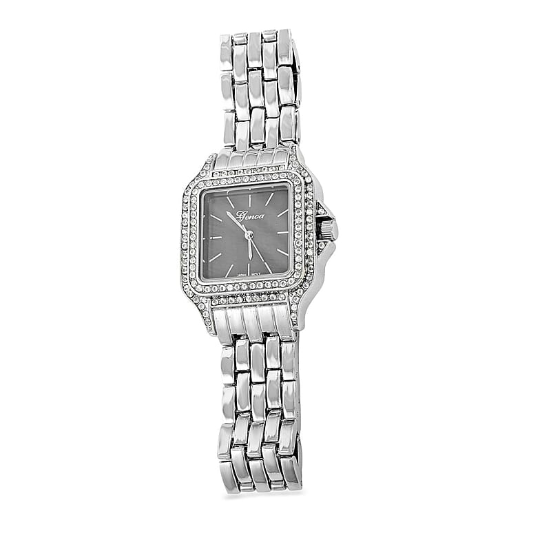 Genoa Simulated Diamond Miyota Japanese Movement Black MOP Dial Watch in Silvertone Strap (33.27mm) (8.75 Inch) 1.75 ctw