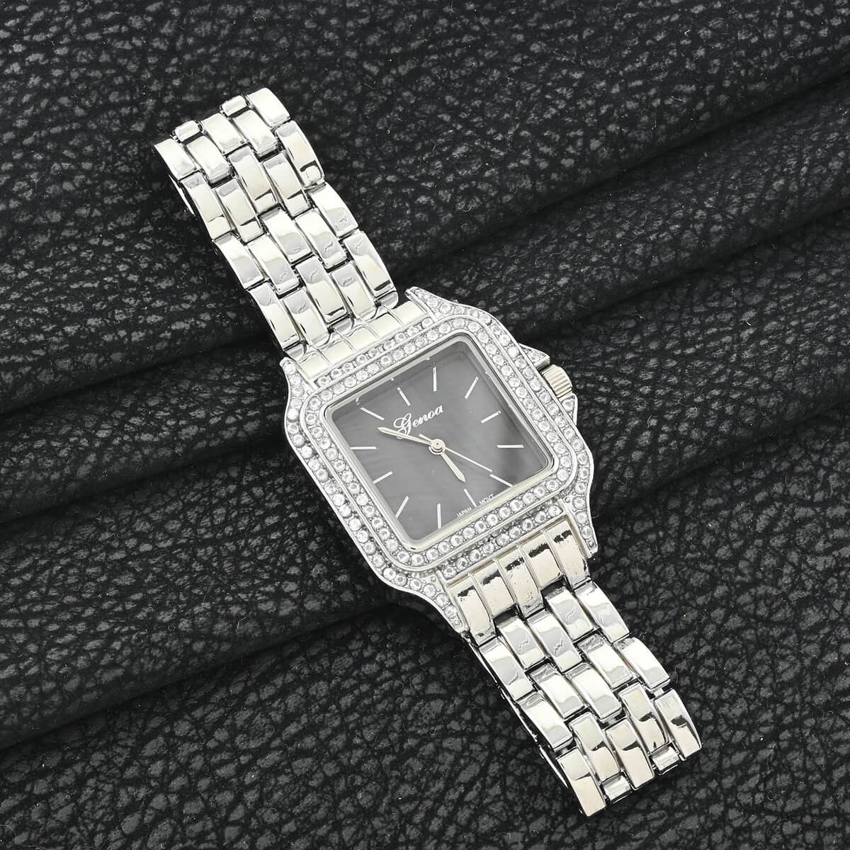 Genoa Simulated Diamond Miyota Japanese Movement Black MOP Dial Watch in Silvertone Strap (33.27mm) (6.0-7.75 Inch) 1.75 ctw image number 1