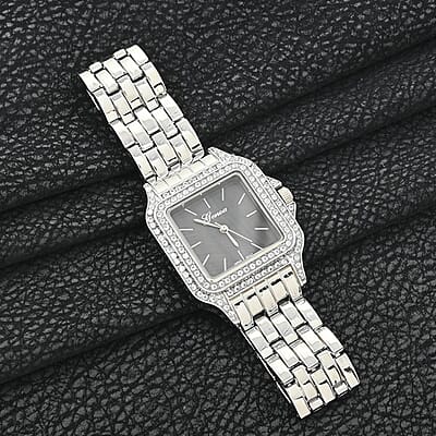 Genoa Simulated Diamond Miyota Japanese Movement Black MOP Dial Watch in Silvertone Strap (33.27mm) (8.75 Inch) 1.75 ctw
