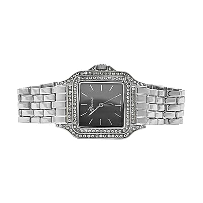 Genoa Simulated Diamond Miyota Japanese Movement Black MOP Dial Watch in Silvertone Strap (33.27mm) (8.75 Inch) 1.75 ctw