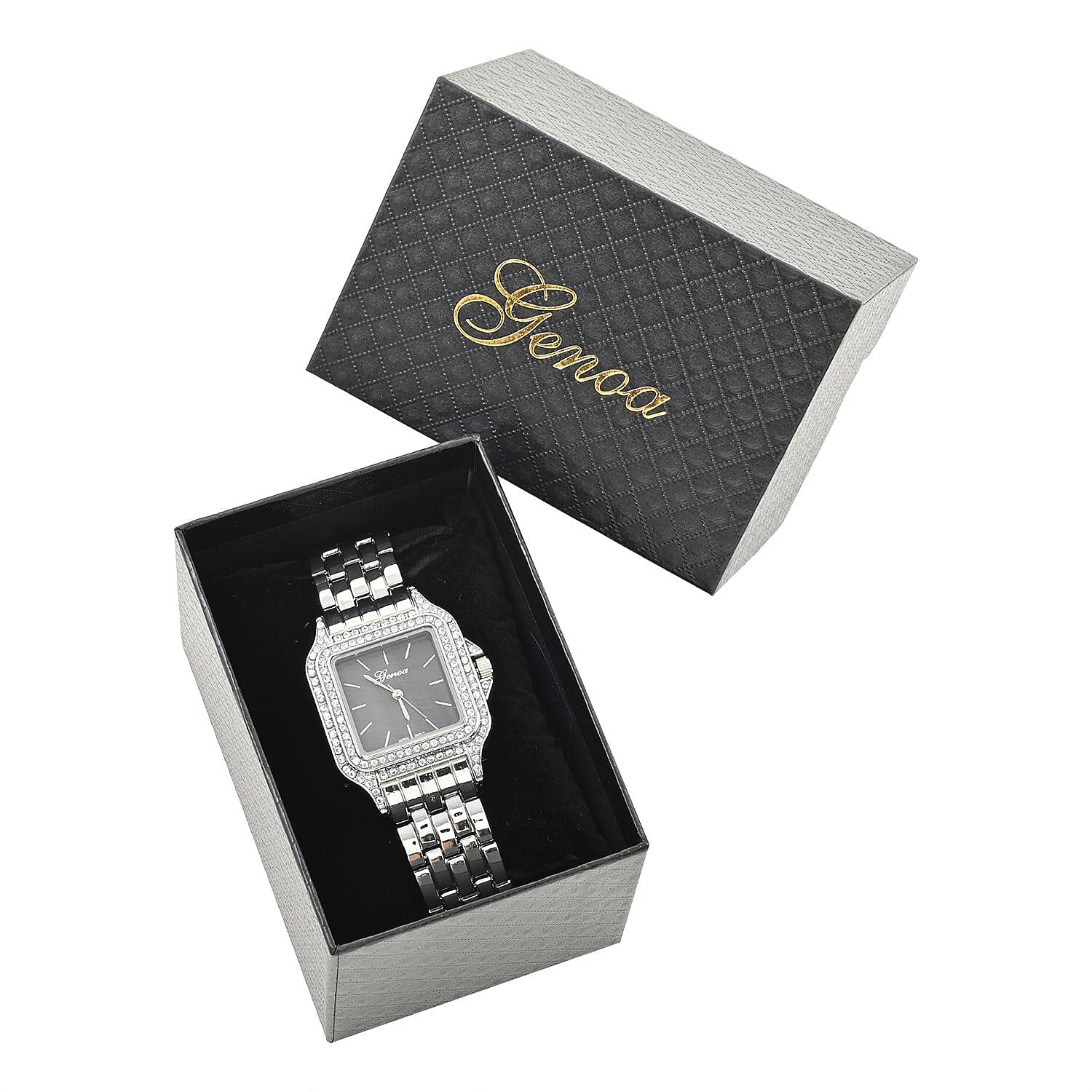 Genoa Simulated Diamond Miyota Japanese Movement Black MOP Dial Watch in Silvertone Strap (33.27mm) (8.75 Inch) 1.75 ctw