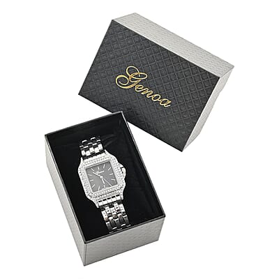 Genoa Simulated Diamond Miyota Japanese Movement Black MOP Dial Watch in Silvertone Strap (33.27mm) (8.75 Inch) 1.75 ctw