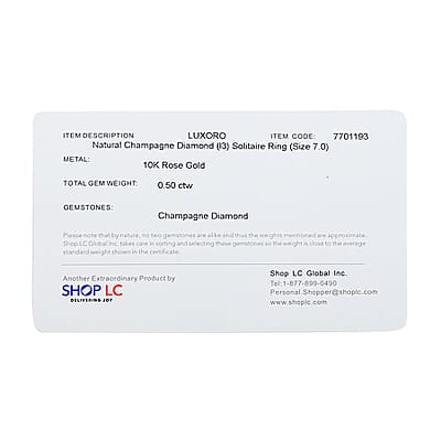 Luxoro 10K Rose Gold I3 Natural Champagne Diamond Solitaire Ring (Size 7.0) 0.50 ctw