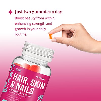 Kelz Biotin Hair, Skin & Nails Supplement (Raspberry Flavor) 60 Gummies
