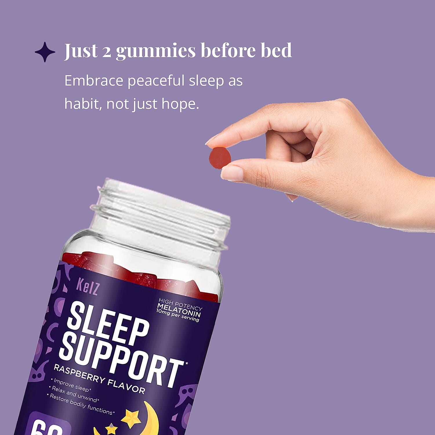 Kelz Melatonin Sleep Support Supplement (Raspberry Flavor) 60 Gummies