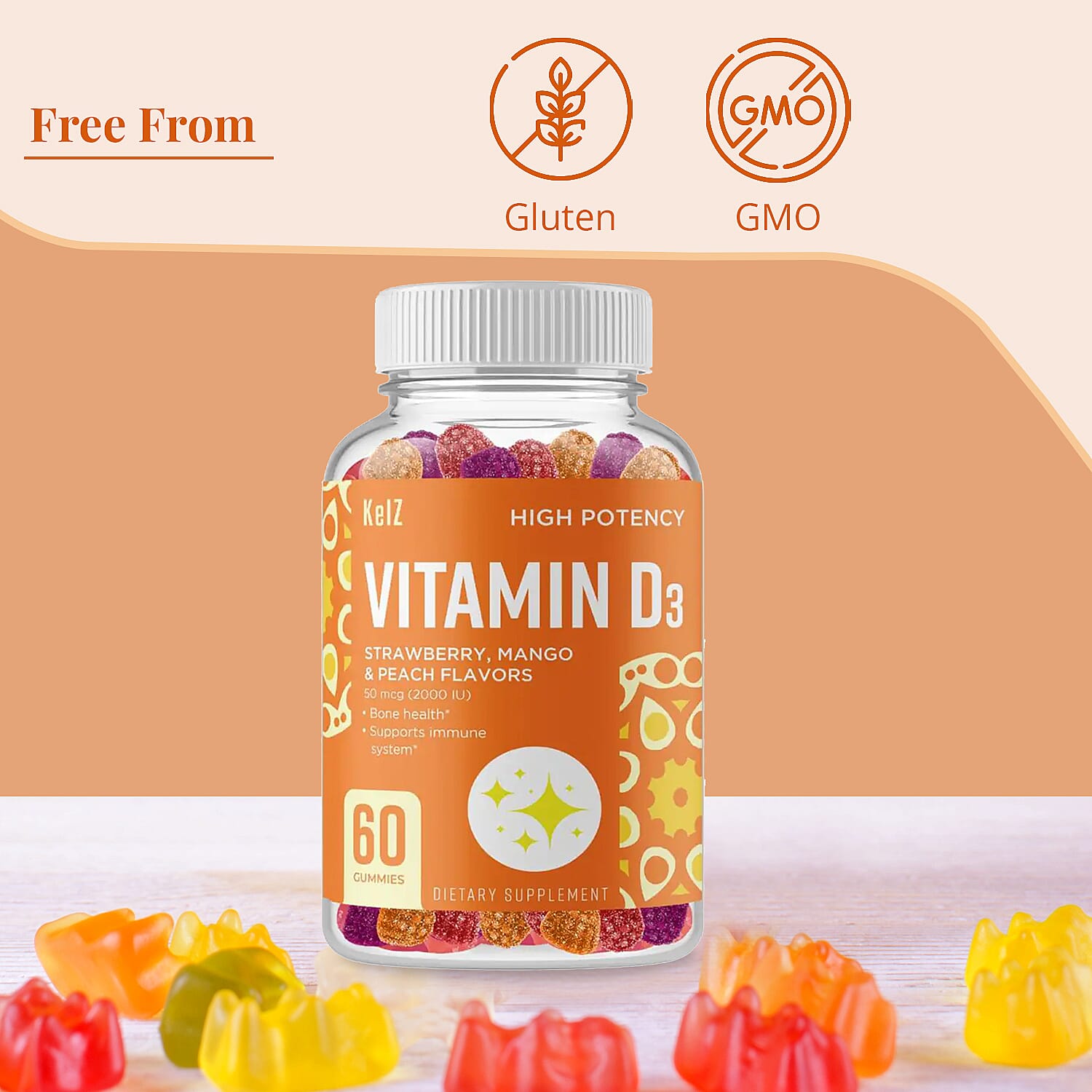 Kelz Vitamin D3 High Potency Supplement (Strawberry, Mango and Peach Flavors) 60 Gummies