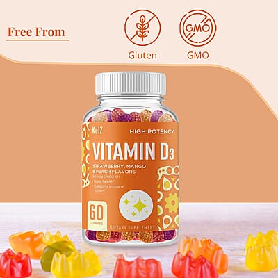 Kelz Vitamin D3 High Potency Supplement (Strawberry, Mango and Peach Flavors) 60 Gummies