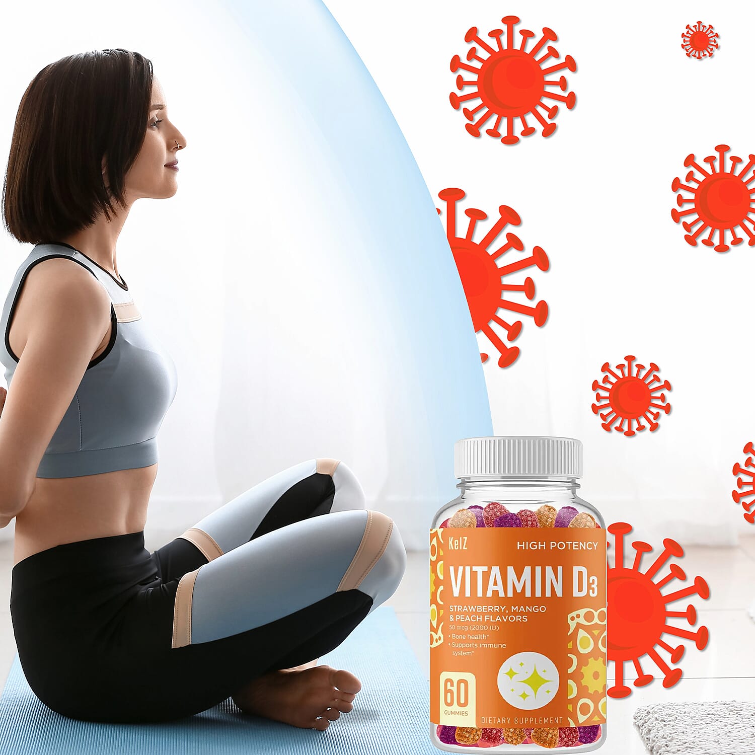 Kelz Vitamin D3 High Potency Supplement (Strawberry, Mango and Peach Flavors) 60 Gummies