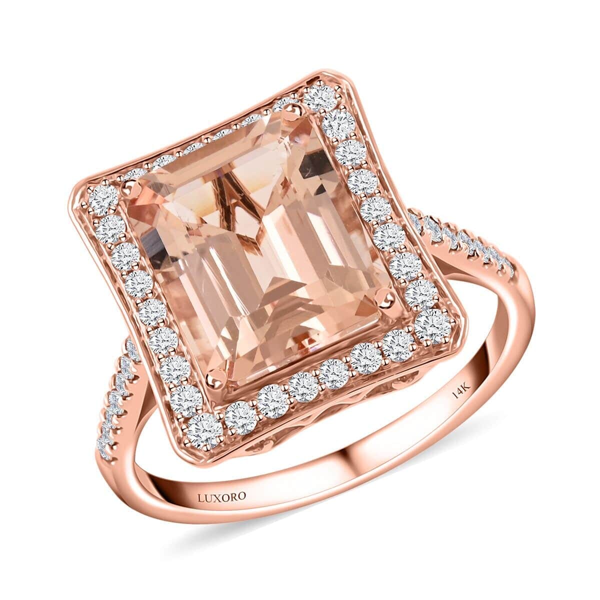 Certified and Appraised Luxoro 14K Rose Gold AAA Marropino Morganite and G-H I2 Diamond Halo Ring (Size 8.5) 4.35 Grams 4.80 ctw image number 0