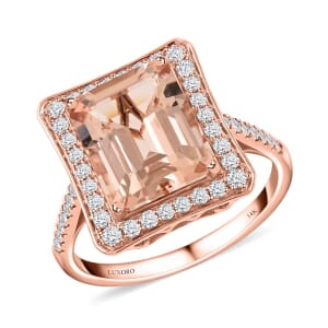 Certified and Appraised Luxoro 14K Rose Gold AAA Marropino Morganite and G-H I2 Diamond Halo Ring (Size 8.5) 4.35 Grams 4.80 ctw