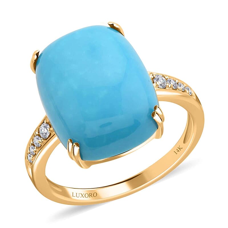 Certified & Appraised Luxoro 14K Yellow Gold AAA Sleeping Beauty Turquoise and Diamond G-H I2 Ring (Size 11.0) 8.35 ctw