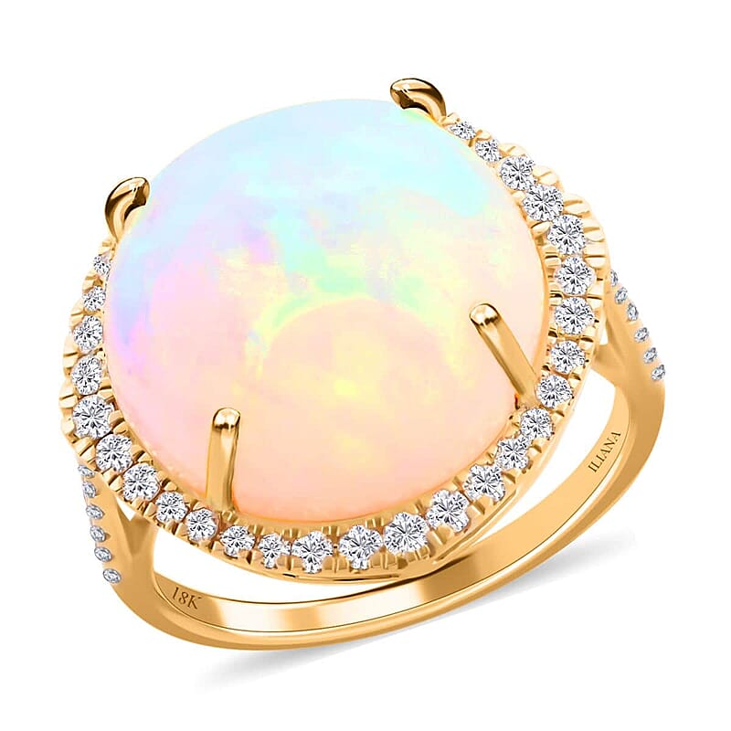 Certified & Appraised Iliana 18K Yellow Gold AAA Ethiopian Welo Opal and G-H SI Diamond Ring (Size 11.0) 4.50 Grams 10.20 ctw