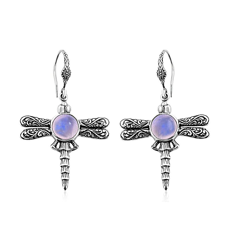 Bali Legacy Premium Rainbow Moonstone Dragonfly Earrings in Sterling Silver 8.85 ctw