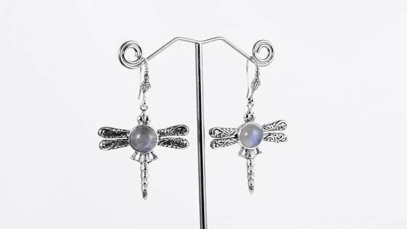 Bali Legacy Premium Rainbow Moonstone Dragonfly Earrings in Sterling Silver 8.85 ctw