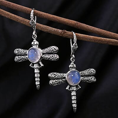 Bali Legacy Premium Rainbow Moonstone Dragonfly Earrings in Sterling Silver 8.85 ctw