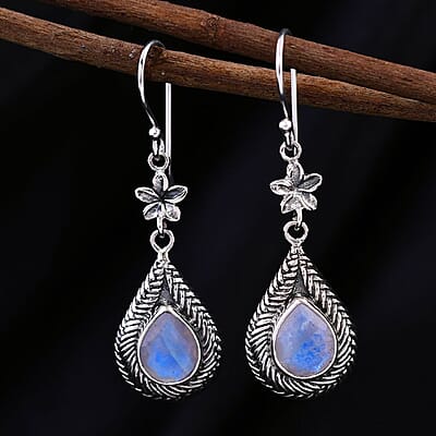 Bali Legacy Premium Rainbow Moonstone Flower Dangle Earrings in Sterling Silver 4.25 ctw
