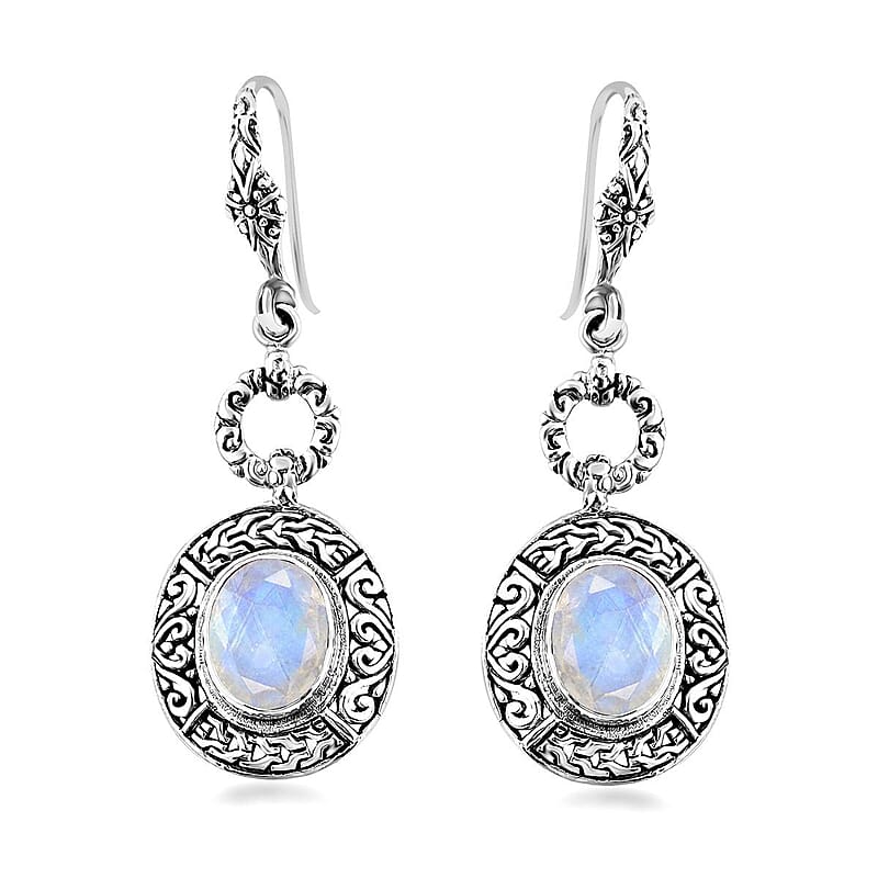 Bali Legacy Premium Rainbow Moonstone Tulang Naga Texture Dangle Earrings in Sterling Silver 6.30 ctw