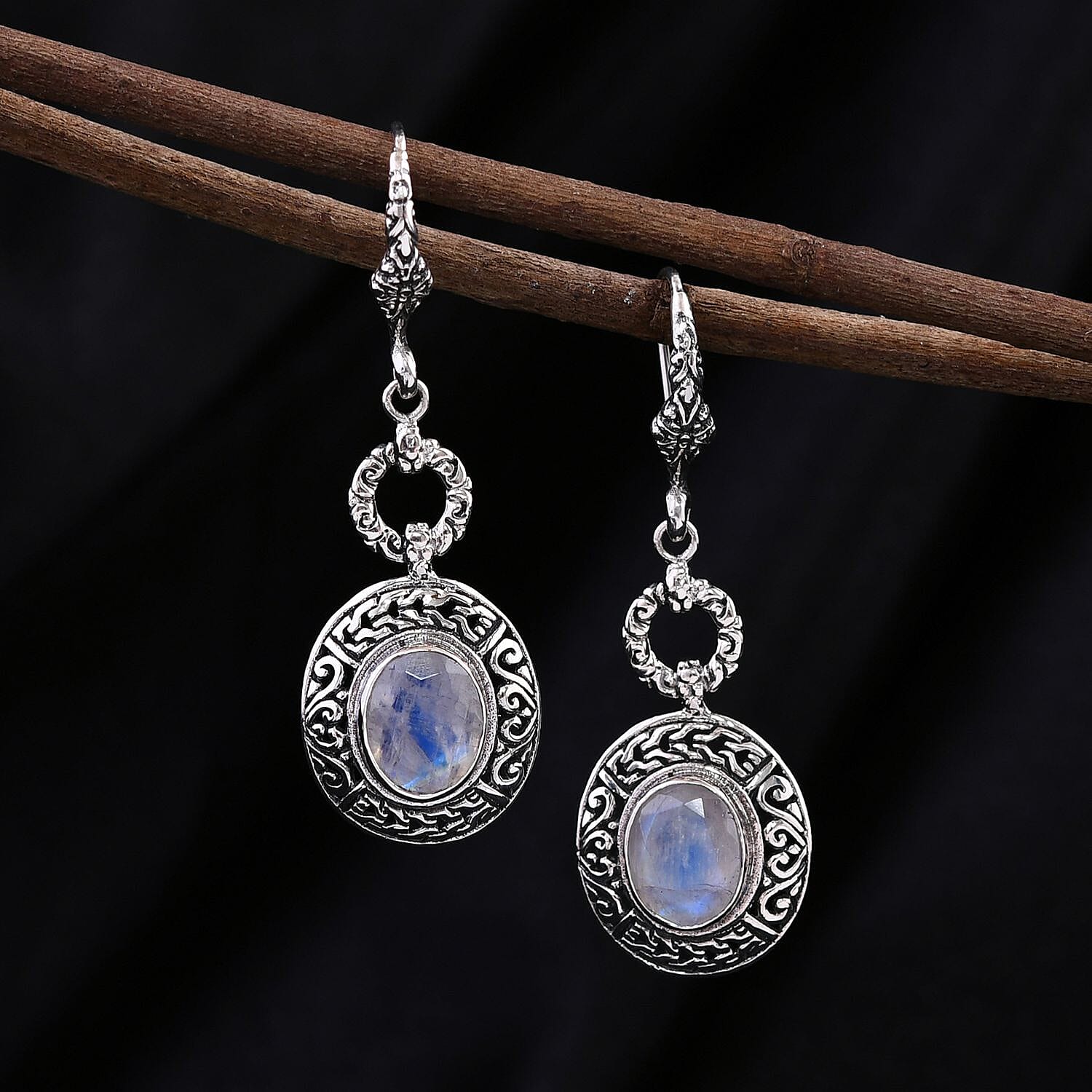 Bali Legacy Premium Rainbow Moonstone Tulang Naga Texture Dangle Earrings in Sterling Silver 6.30 ctw