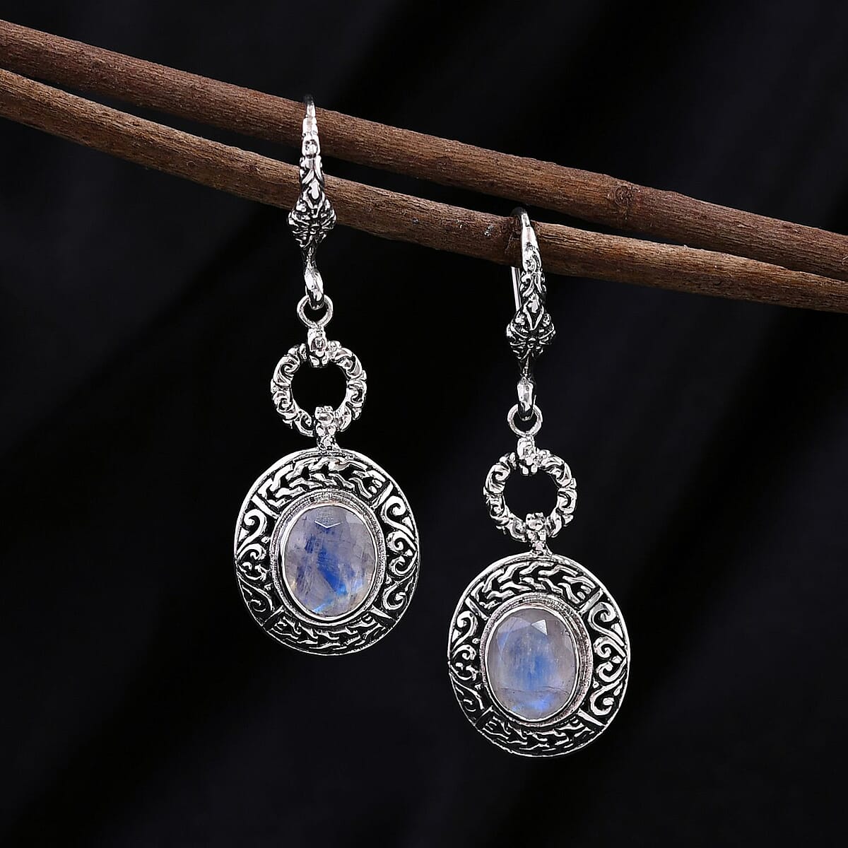 Bali Legacy Premium Rainbow Moonstone Tulang Naga Texture Dangle Earrings in Sterling Silver 6.30 ctw image number 1