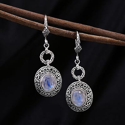 Bali Legacy Premium Rainbow Moonstone Tulang Naga Texture Dangle Earrings in Sterling Silver 6.30 ctw