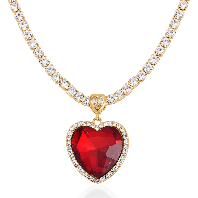 Red Glass and Austrian Crystal Heart Necklace 20-22 Inches in Goldtone