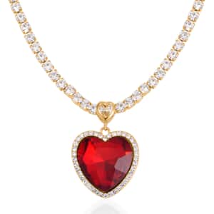 Red Glass and Austrian Crystal Heart Necklace 20-22 Inches in Goldtone