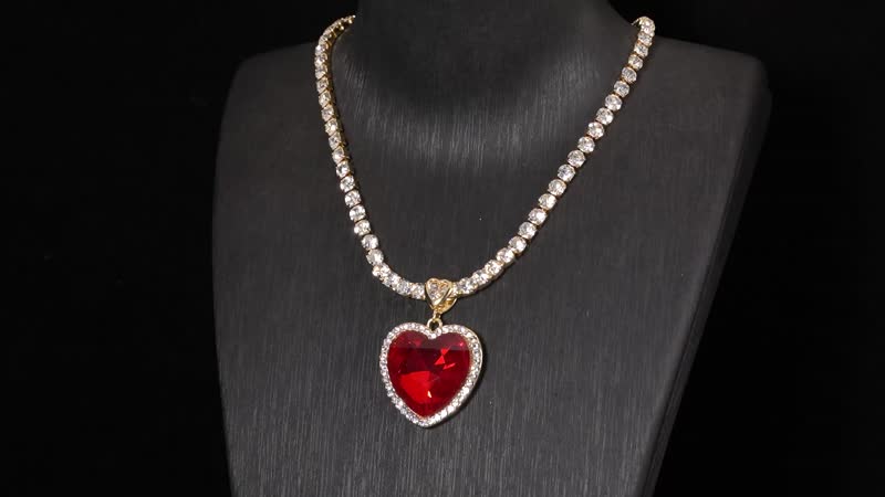 TLV Red Glass, Austrian Crystal Heart Necklace (20-22 Inches) in Goldtone