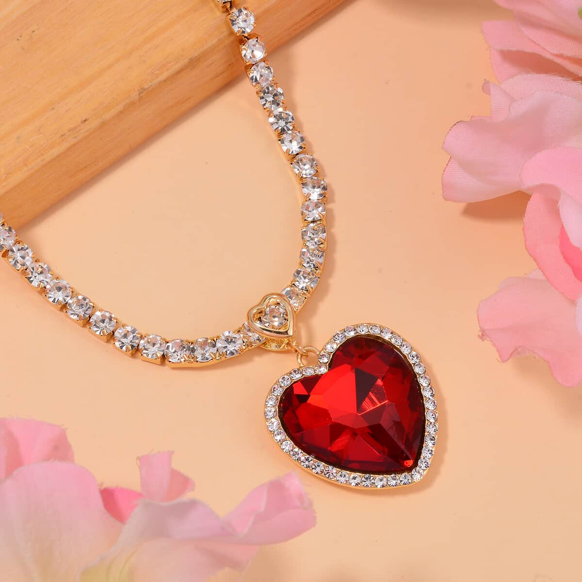 Red Glass and Austrian Crystal Heart Necklace 20-22 Inches in Goldtone image number 1