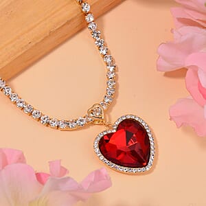 Red Glass and Austrian Crystal Heart Necklace 20-22 Inches in Goldtone