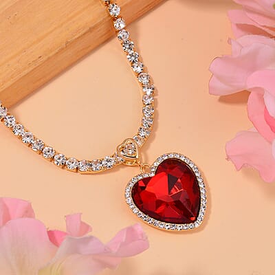 Red Glass and Austrian Crystal Heart Necklace 20-22 Inches in Goldtone