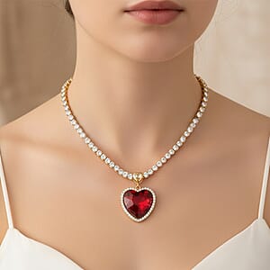 Red Glass and Austrian Crystal Heart Necklace 20-22 Inches in Goldtone