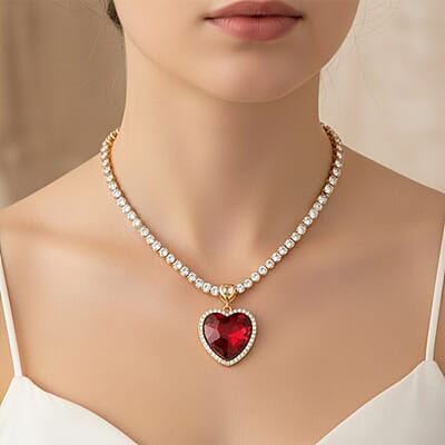 Red Glass and Austrian Crystal Heart Necklace 20-22 Inches in Goldtone